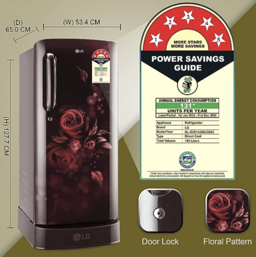 LG 185 L 5 Star Inverter Direct-Cool Single Door Refrigerator (GL-D201ASEU, Scarlet Euphoria, Base stand with drawer) - Image 3